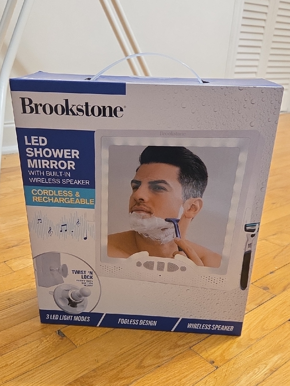 Brookstone LED Shower Mirror with Wireless Speaker - White and Blue Packaging